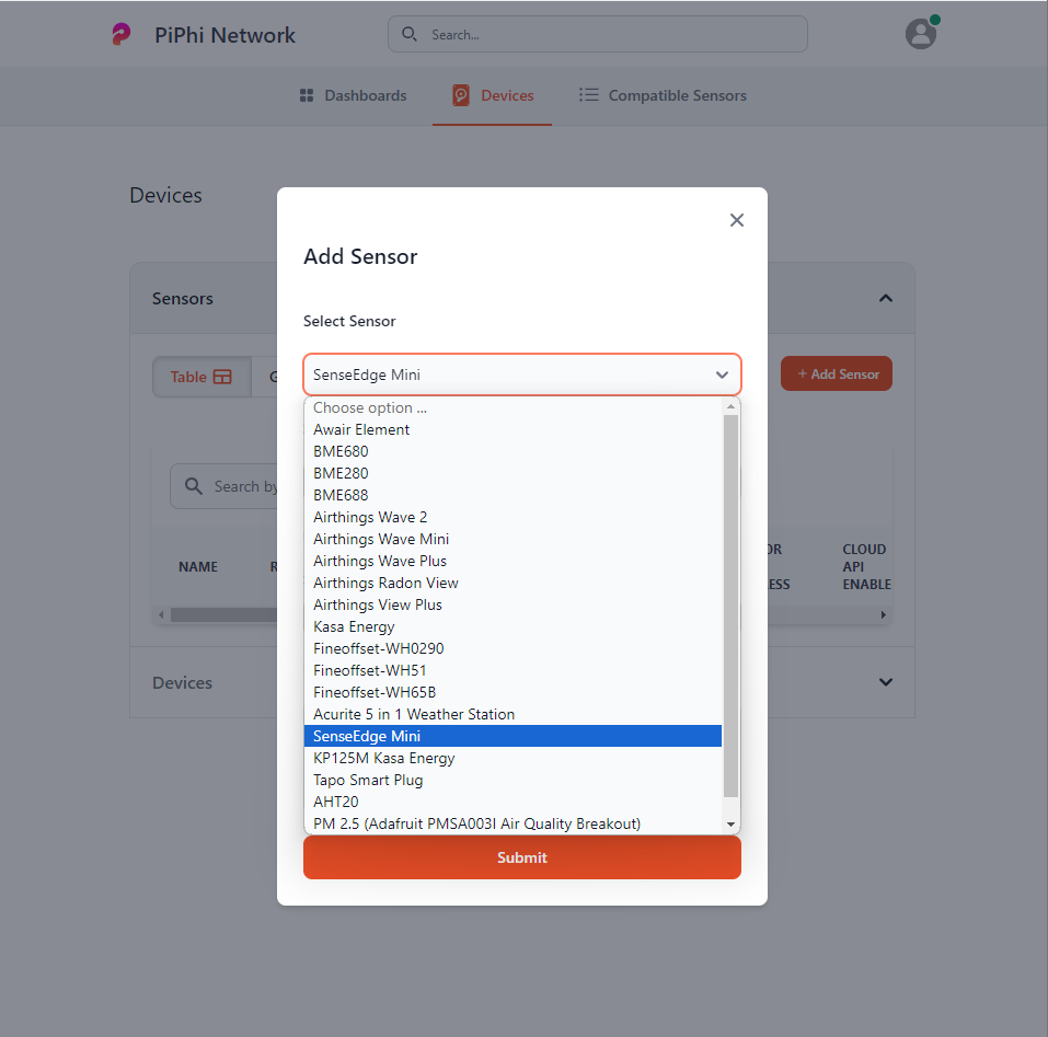 Select SenseEdge Mini from dropdown of sensors