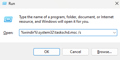 Type %windir%\system32\taskschd.msc /s 